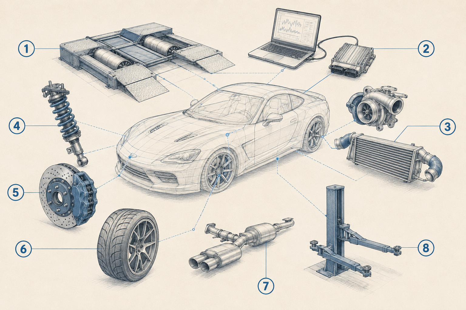 Schéma blueprint éclaté d’une voiture entourée des principaux équipements et composants d’un atelier de préparation automobile