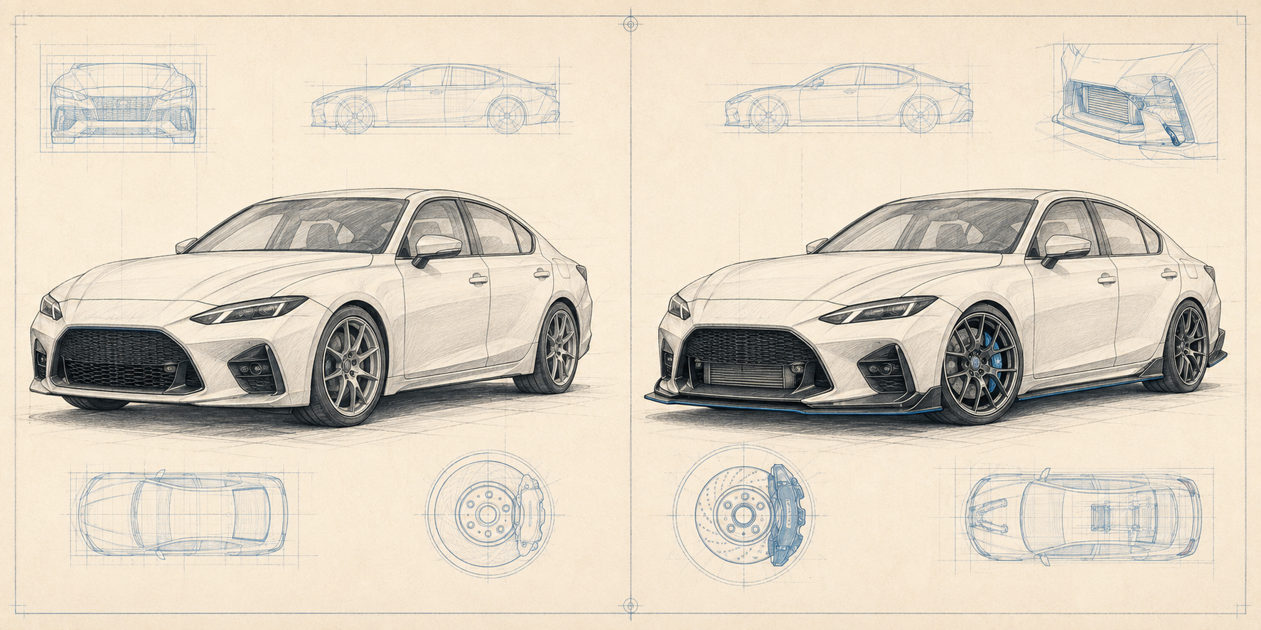 Comparaison blueprint de la même berline sportive avant et après une préparation cohérente du châssis, des freins, du refroidissement, des roues et de l’aérodynamique
